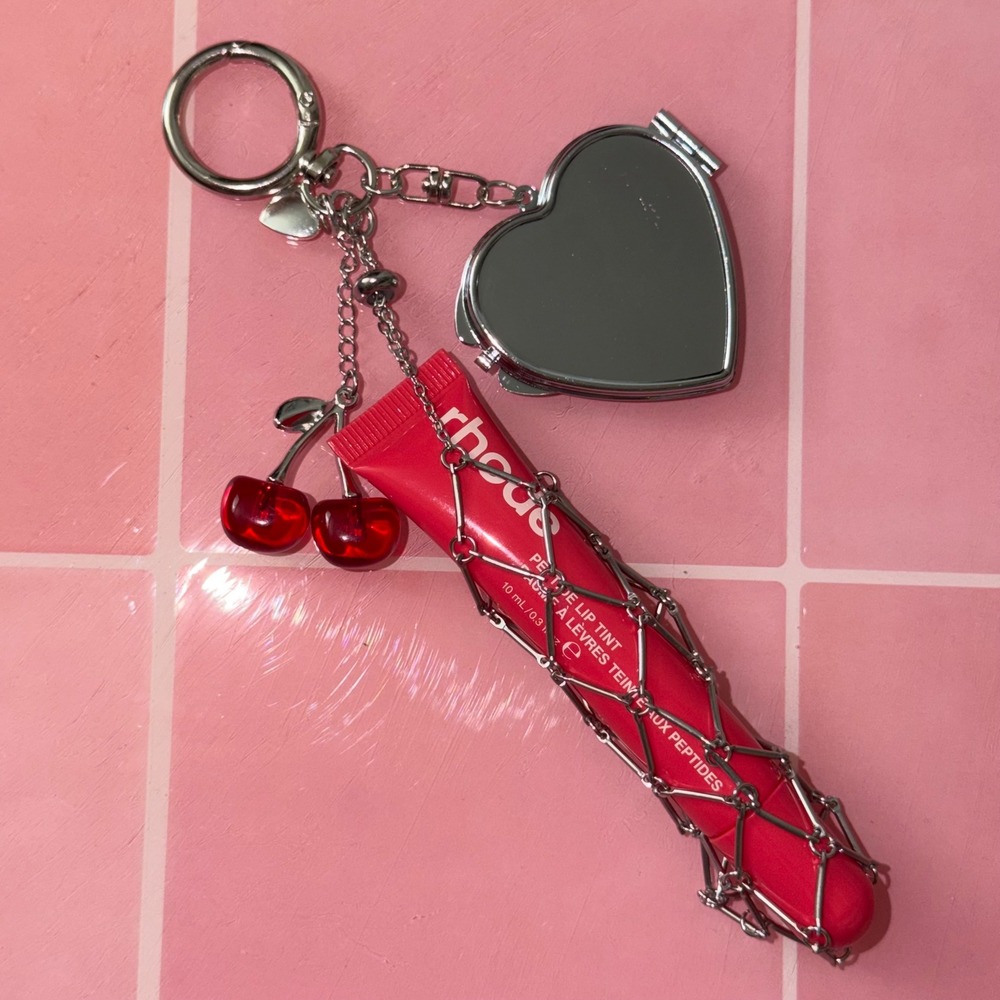 Lip Tint Charm Keychain with Heart Mirror and Cherry Detail Silver Tone